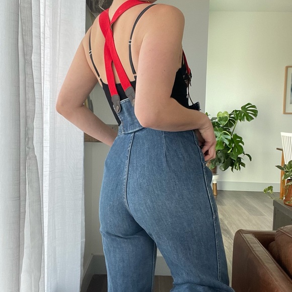 Vintage 70s Bell Bottom Flare Jeans Overalls S M - Picture 2 of 6